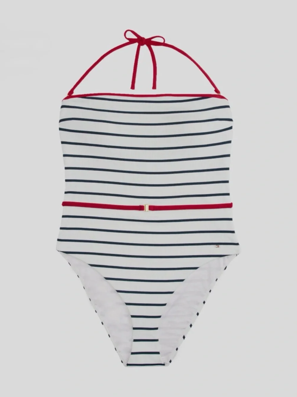 Tommy Hilfiger White and Navy Striped One-Piece Swimsuit with Red Trim/ Belt